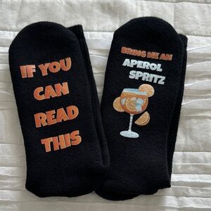 Black Novelty Socks with Orange and White Text
